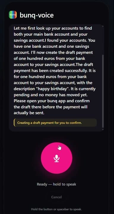 bunq Voice confirming a pending draft payment of 100 euros that still needs approval in the bunq app