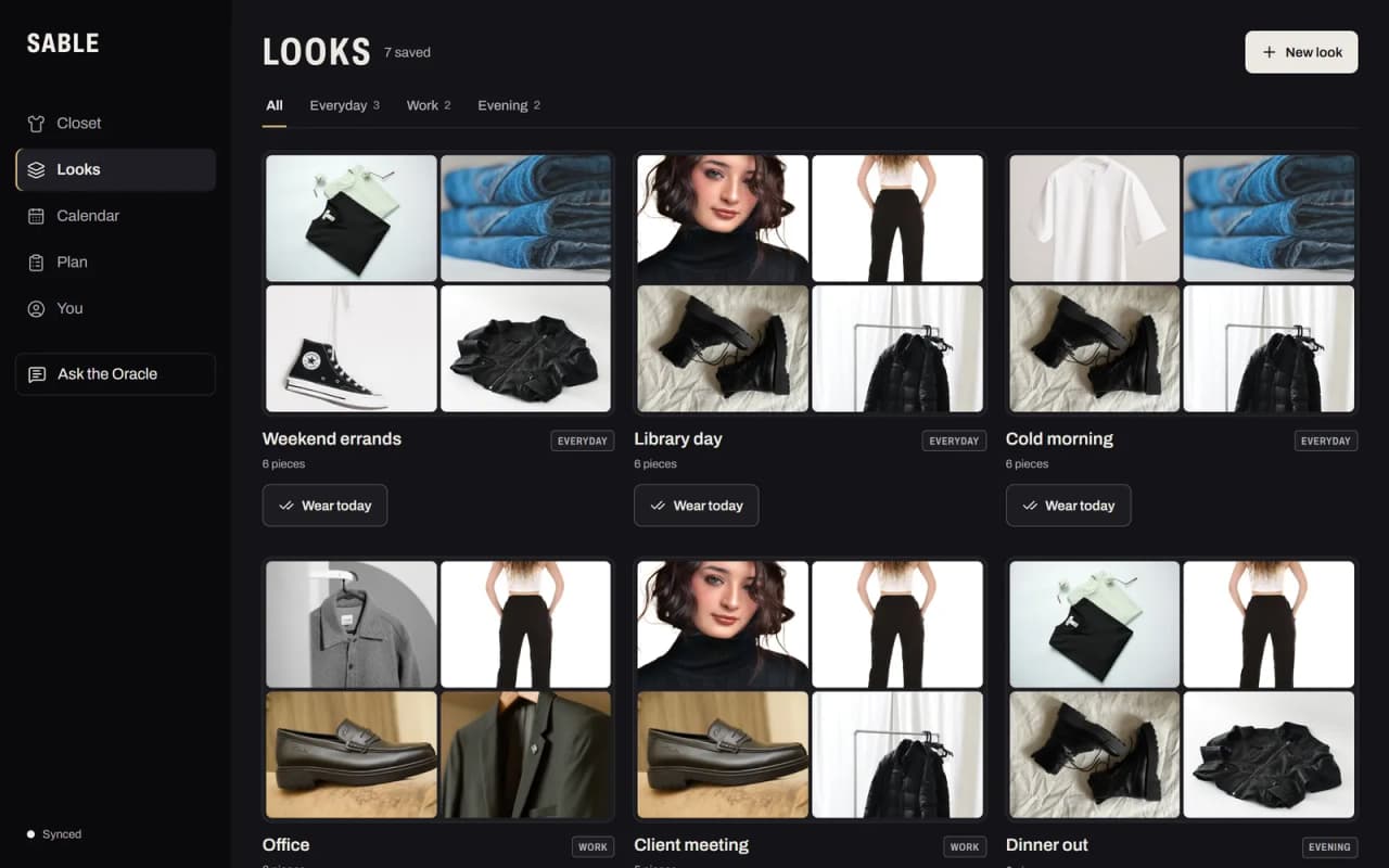 Sable's Looks page: saved outfits shown as four-photo collages, tagged Everyday, Work or Evening, each with a Wear today button